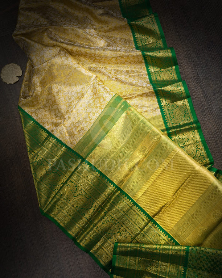 Gold With Silver And Forest Green Tissue Kanjivaram Silk Saree-SP444