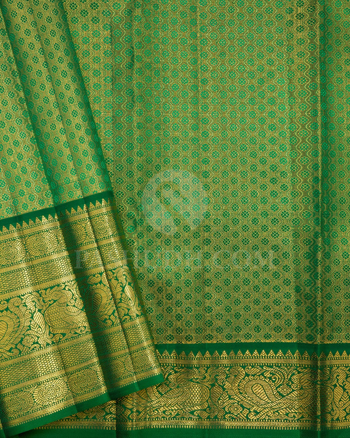 Gold With Silver And Forest Green Tissue Kanjivaram Silk Saree-SP444