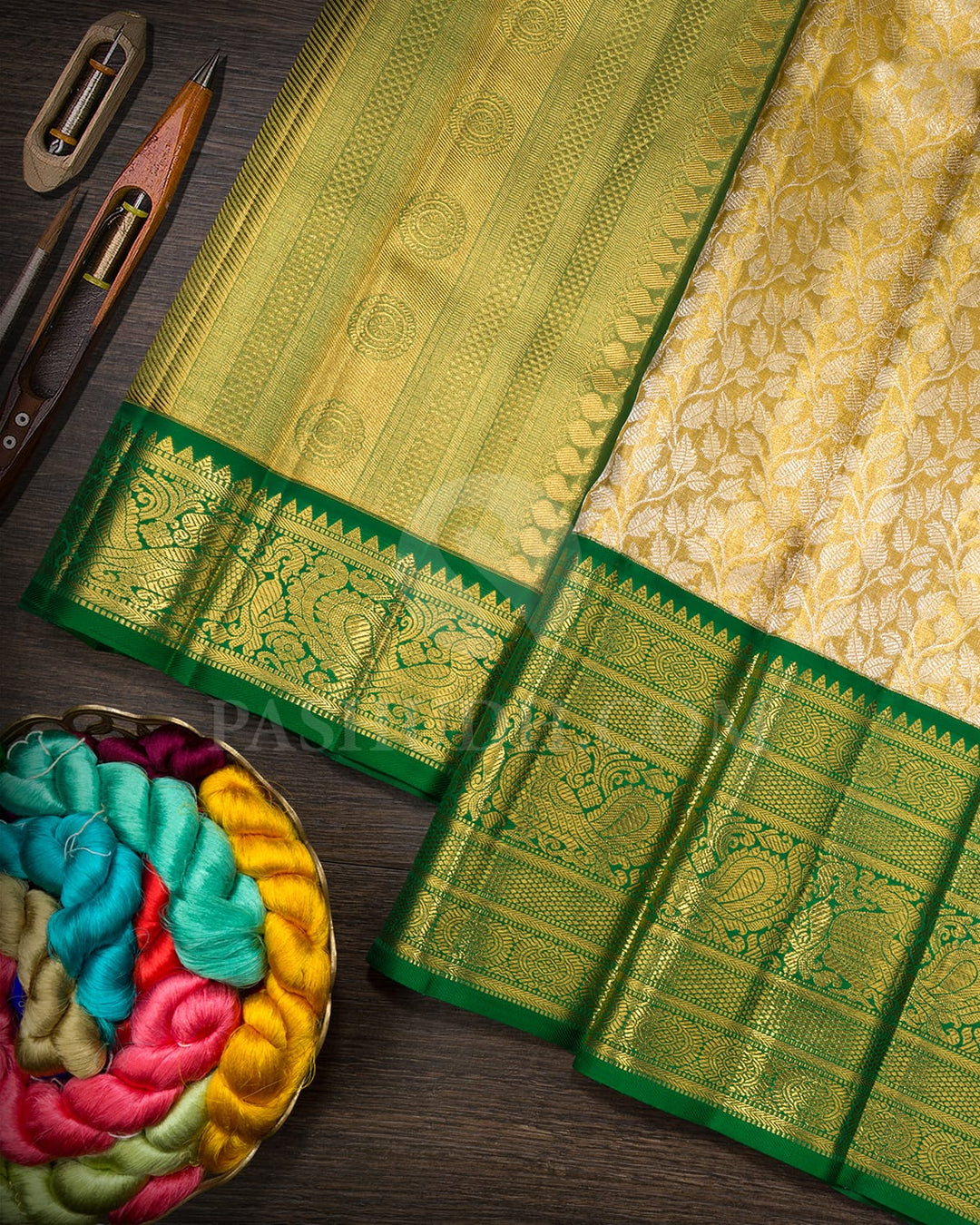 Gold With Silver And Forest Green Tissue Kanjivaram Silk Saree-SP444