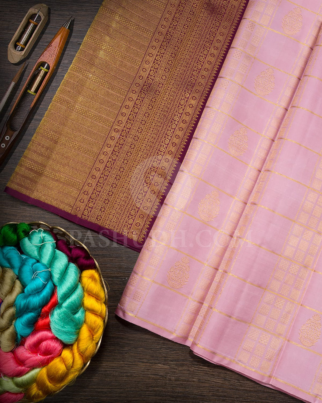 Powder Pink With Wine Kanjivaram Silk Saree-SVJ97