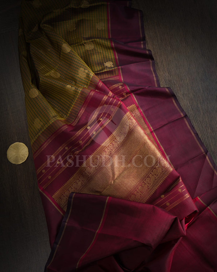Olive Green With Mustard Pure Zari Traditional Kanjivaram Silk Saree-SP421