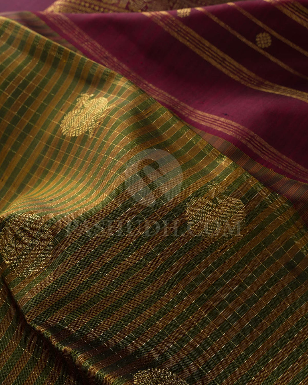 Olive Green With Mustard Pure Zari Traditional Kanjivaram Silk Saree-SP421