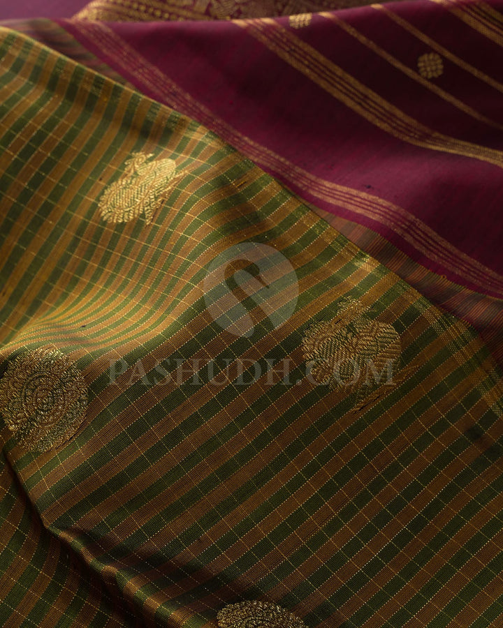 Olive Green With Mustard Pure Zari Traditional Kanjivaram Silk Saree-SP421