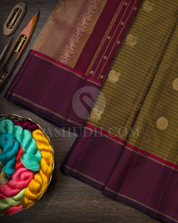 Olive Green With Mustard Pure Zari Traditional Kanjivaram Silk Saree-SP421
