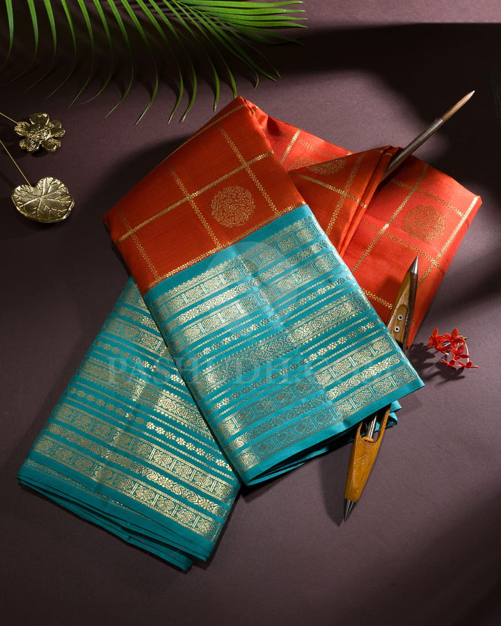 Orange With Cyan Blue Pure Zari Traditional Kanjivaram Silk Saree-SP413