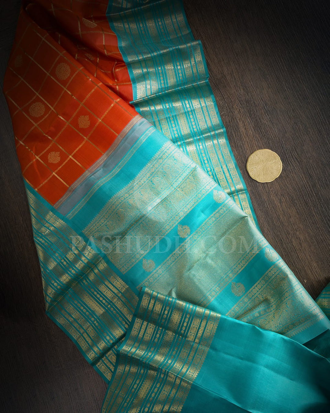 Orange With Cyan Blue Pure Zari Traditional Kanjivaram Silk Saree-SP413