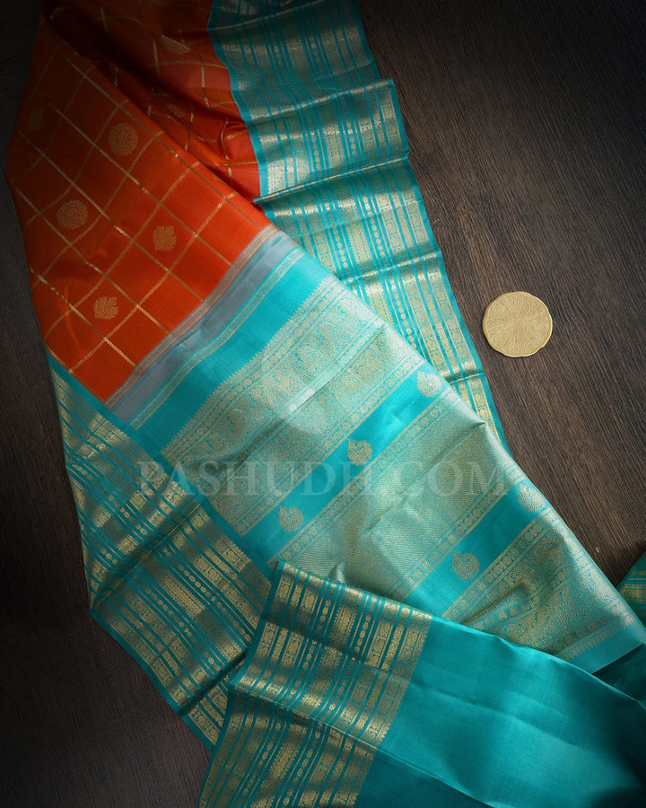 Orange With Cyan Blue Pure Zari Traditional Kanjivaram Silk Saree-SP413