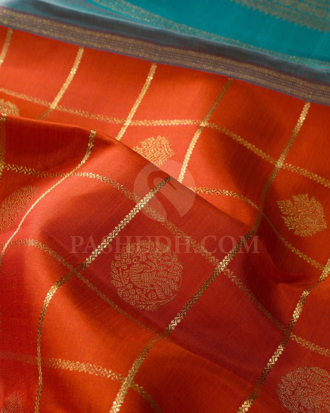 Orange With Cyan Blue Pure Zari Traditional Kanjivaram Silk Saree-SP413