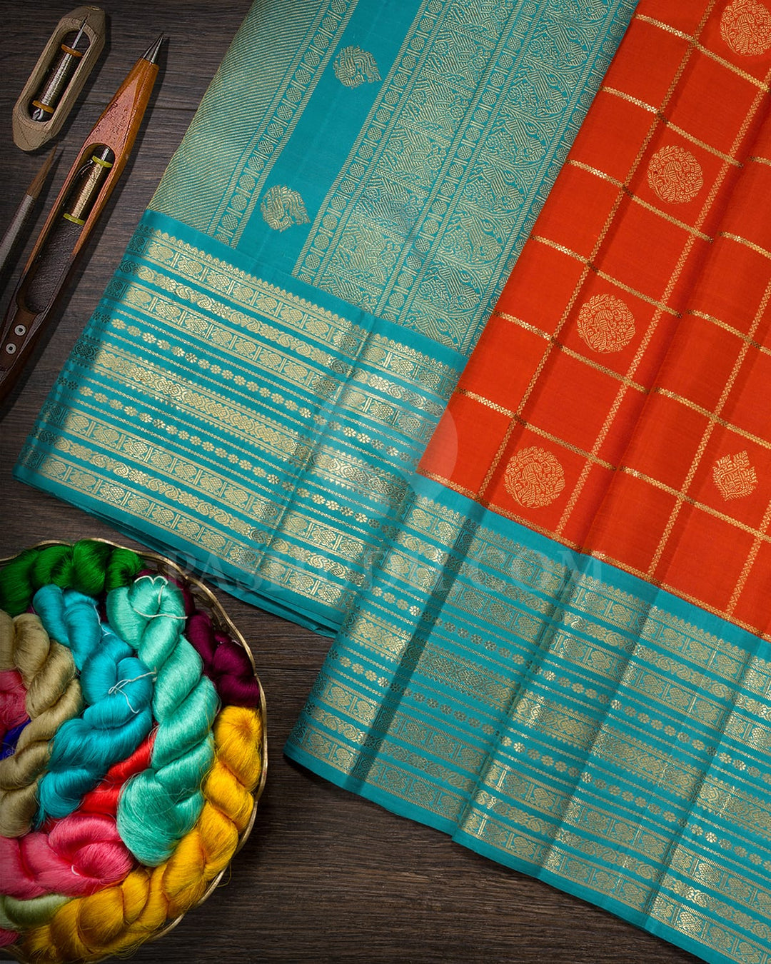 Orange With Cyan Blue Pure Zari Traditional Kanjivaram Silk Saree-SP413
