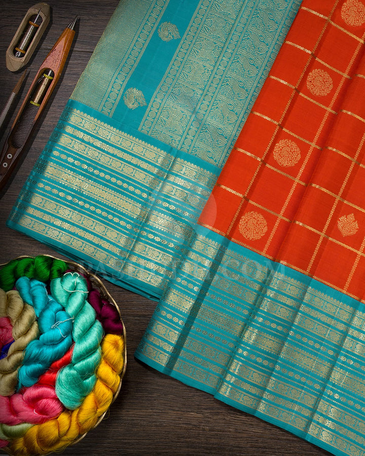 Orange With Cyan Blue Pure Zari Traditional Kanjivaram Silk Saree-SP413