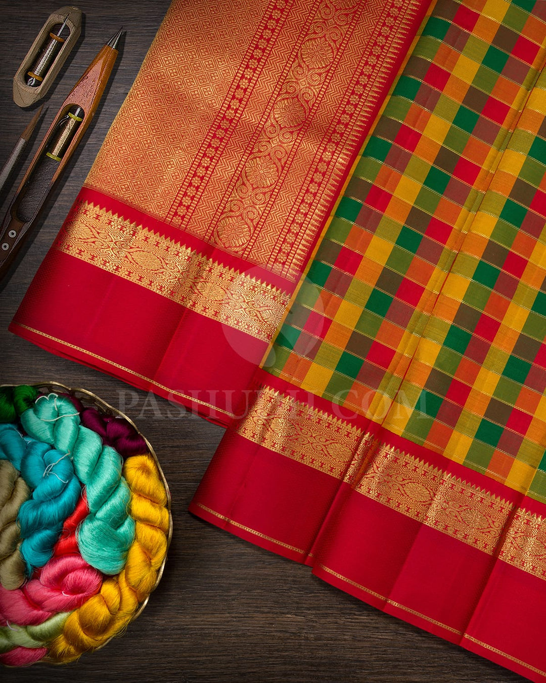 Multicolor Paalum Pazhamum Pure Zari Kanjivaram Silk Saree-SP446