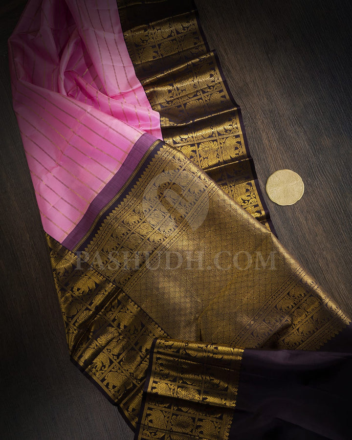 Rose Pink With Espresso Brown Kanjivaram Silk Saree-SP416