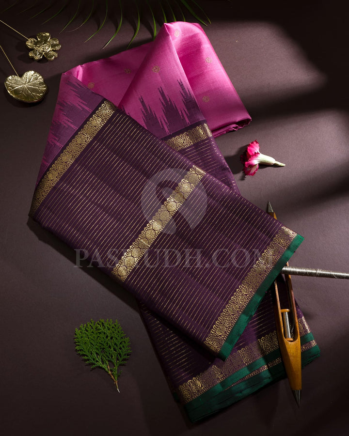 Forest Pink With Dark Plum Pure Zari Kanjivaram Silk Saree-SP439
