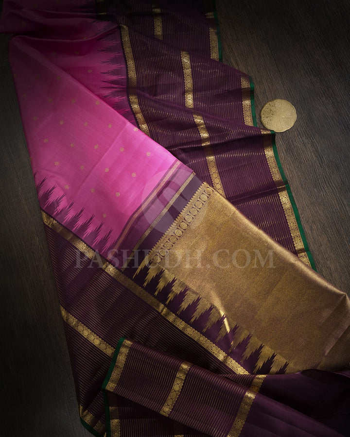 Forest Pink With Dark Plum Pure Zari Kanjivaram Silk Saree-SP439