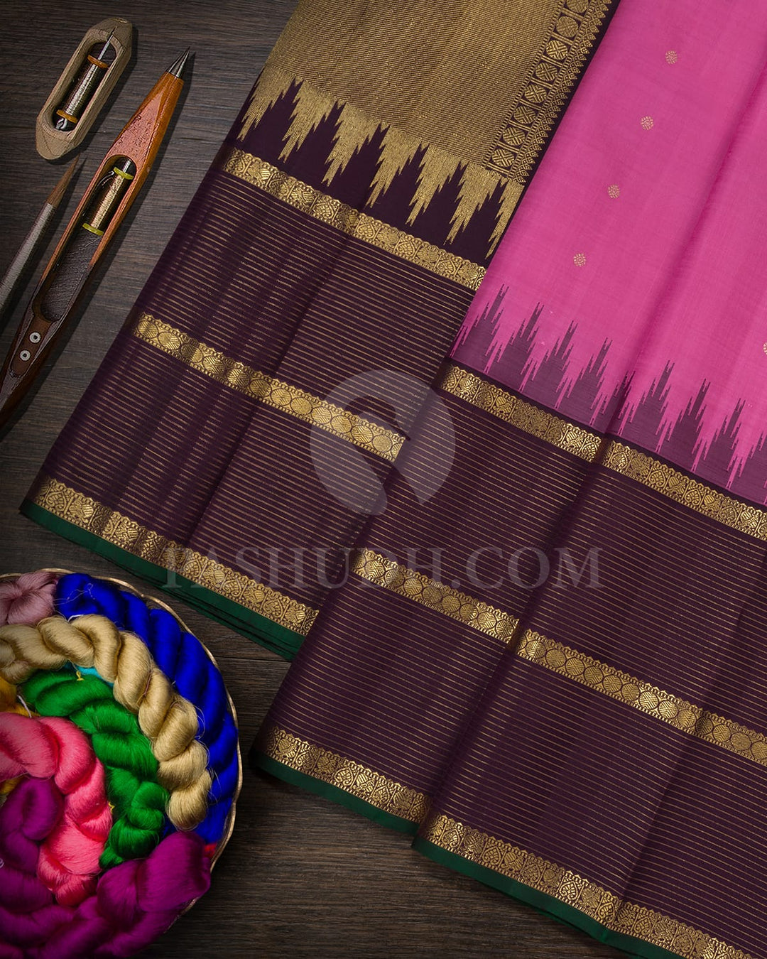 Forest Pink With Dark Plum Pure Zari Kanjivaram Silk Saree-SP439