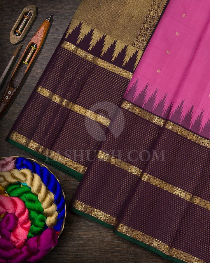 Forest Pink With Dark Plum Pure Zari Kanjivaram Silk Saree-SP439