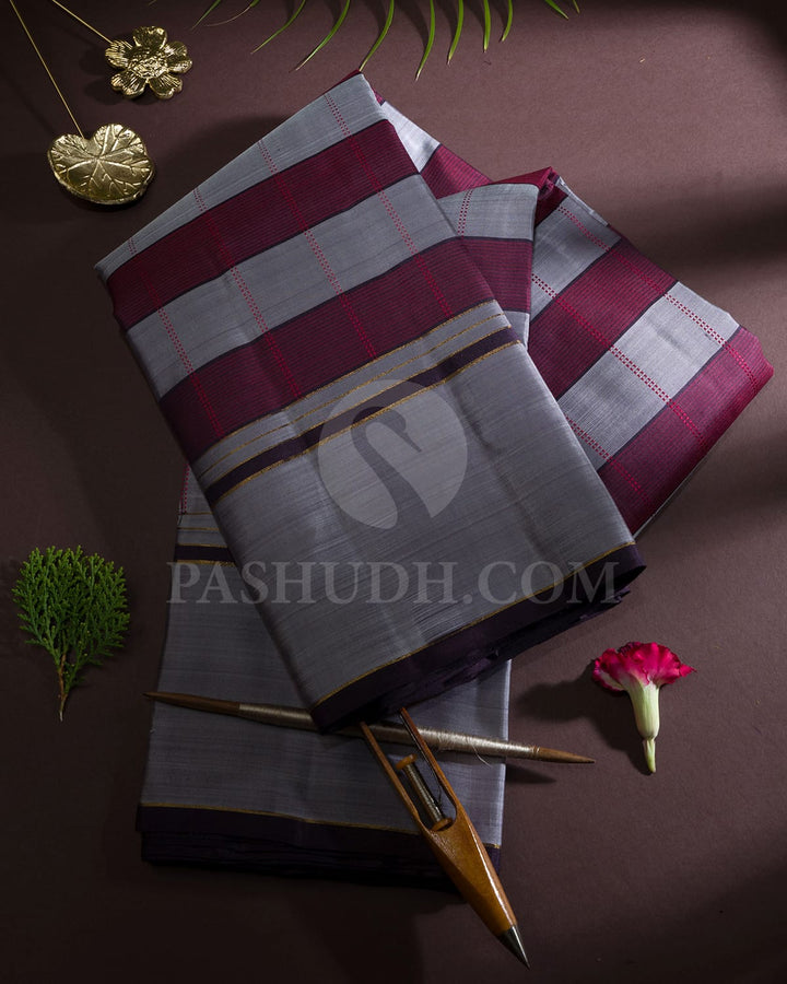 Grey With Maroon Pure Zari Kanjivaram Silk Saree-SP452