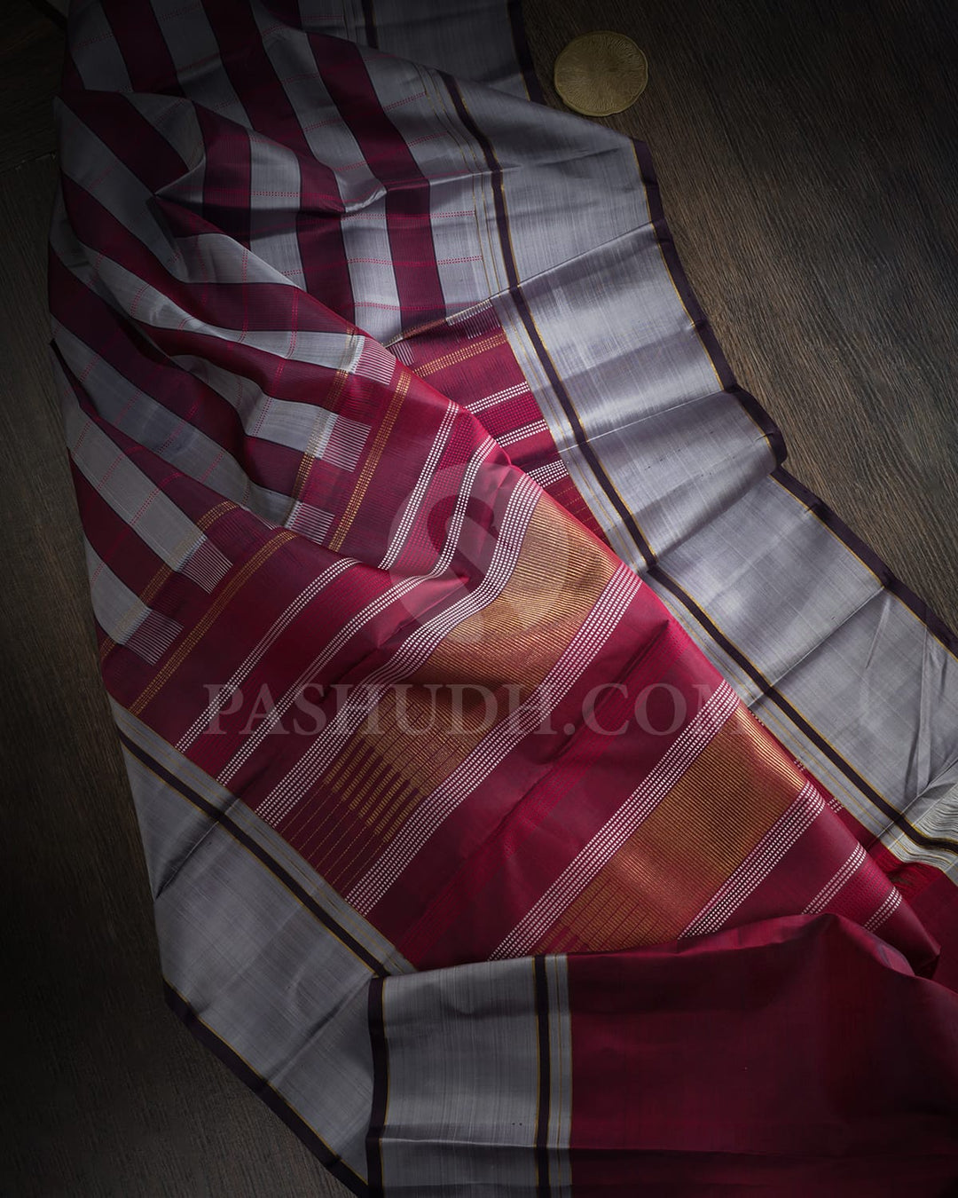 Grey With Maroon Pure Zari Kanjivaram Silk Saree-SP452