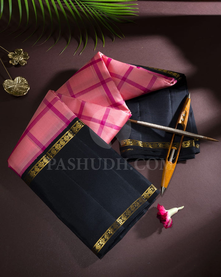 Peachy Pink With Black Traditional Kanjivaram Silk Saree-SVJ95
