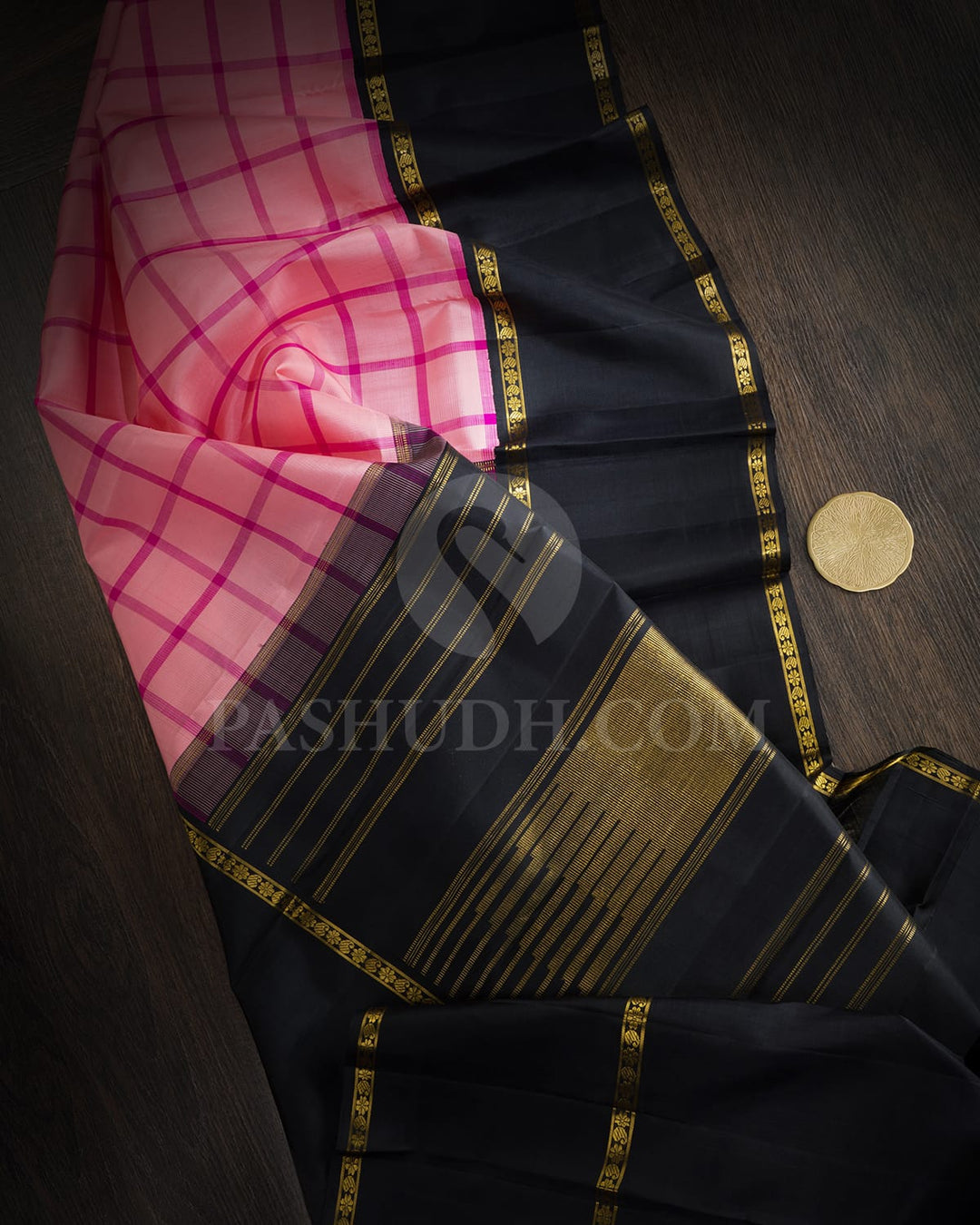 Peachy Pink With Black Traditional Kanjivaram Silk Saree-SVJ95
