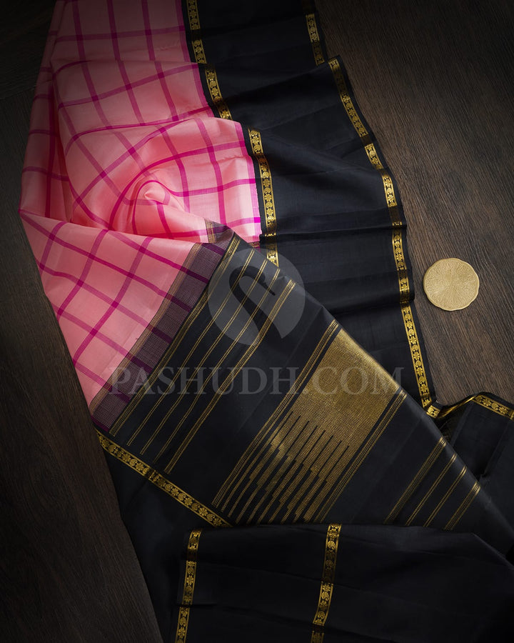 Peachy Pink With Black Traditional Kanjivaram Silk Saree-SVJ95