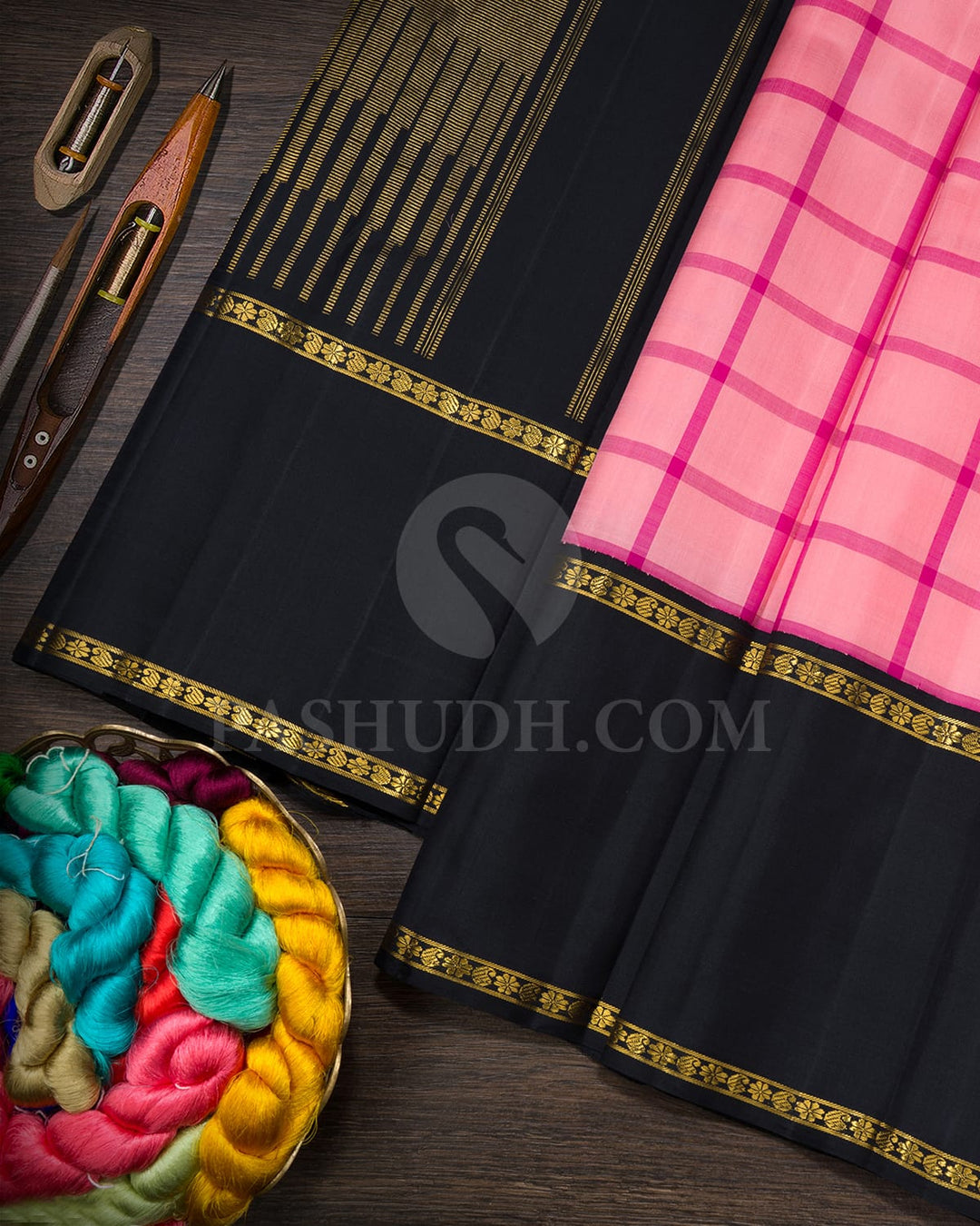 Peachy Pink With Black Traditional Kanjivaram Silk Saree-SVJ95