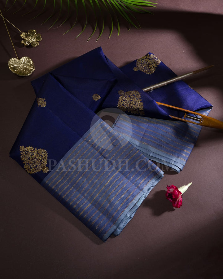 Navy Blue With Dual Shaded Ice Blue Traditional Kanjivaram Silk Saree-SVJ98