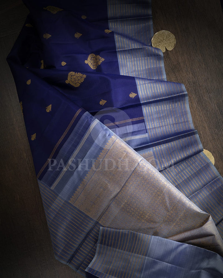 Navy Blue With Dual Shaded Ice Blue Traditional Kanjivaram Silk Saree-SVJ98