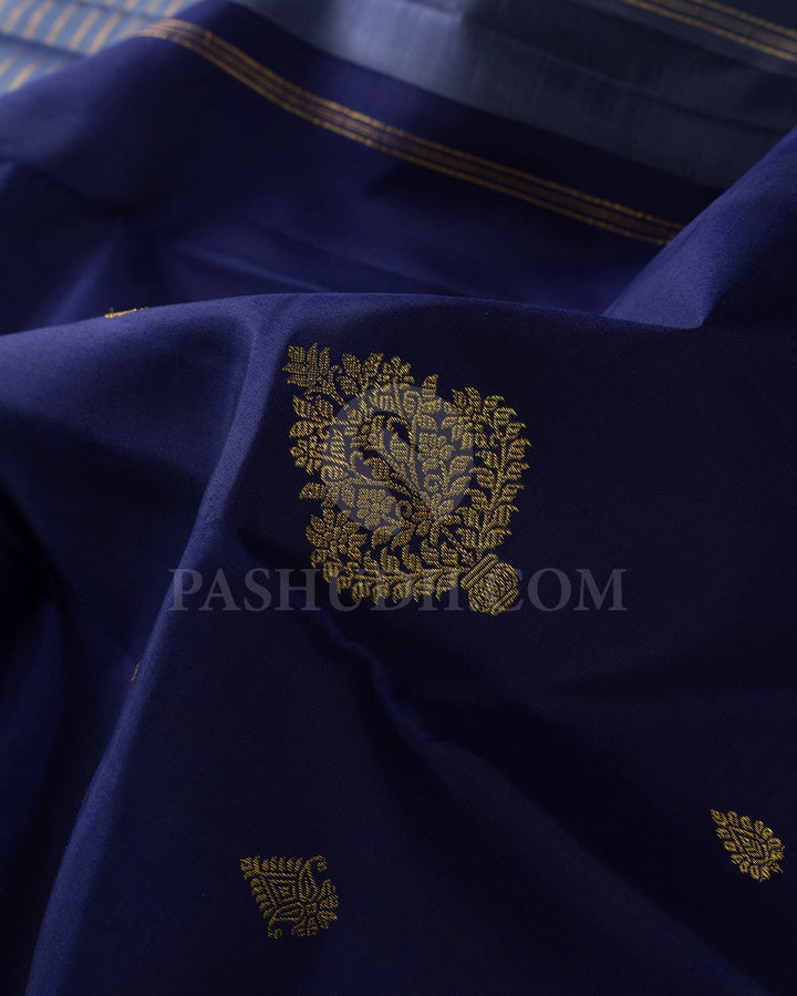 Navy Blue With Dual Shaded Ice Blue Traditional Kanjivaram Silk Saree-SVJ98