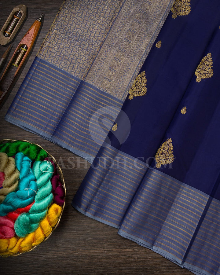 Navy Blue With Dual Shaded Ice Blue Traditional Kanjivaram Silk Saree-SVJ98