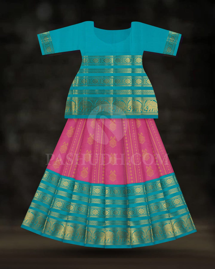 Rose Pink Pattu Paavadai Set With Sky Blue Border-PA17