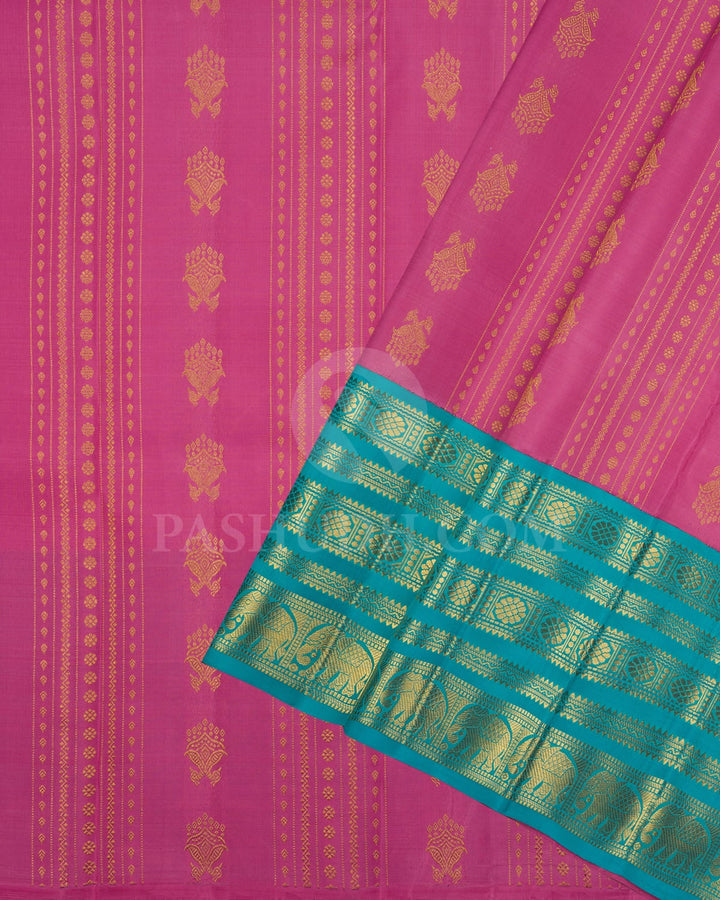 Rose Pink Pattu Paavadai Set With Sky Blue Border-PA17