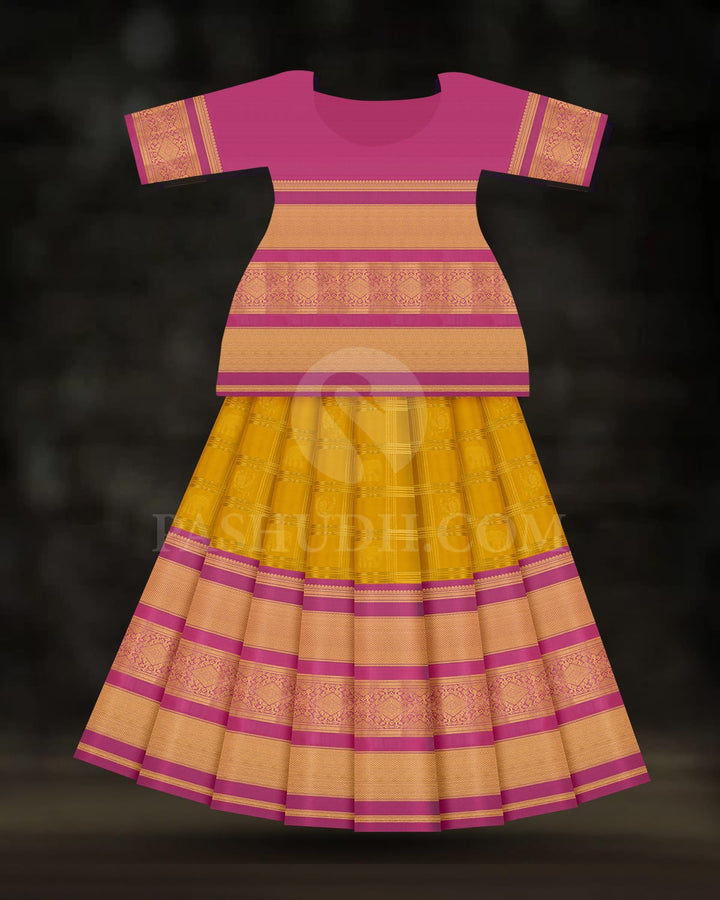 Mustard Yellow Pattu Paavadai Set With Taffy Pink Border-PA24