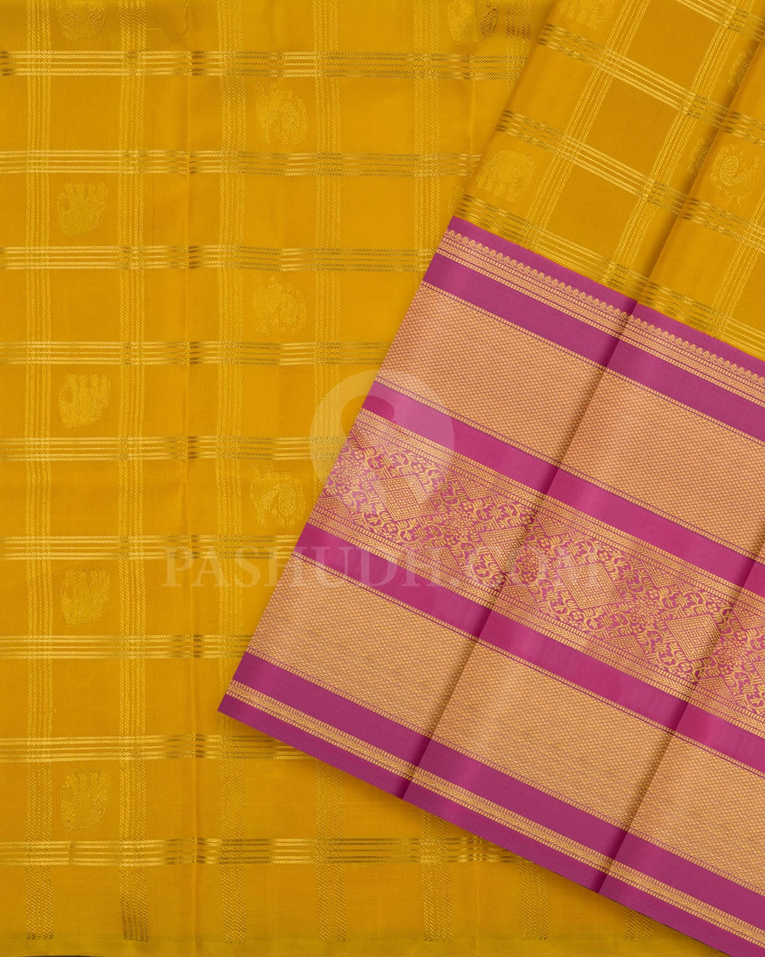 Mustard Yellow Pattu Paavadai Set With Taffy Pink Border-PA24