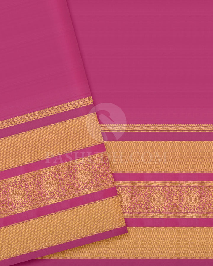 Mustard Yellow Pattu Paavadai Set With Taffy Pink Border-PA24