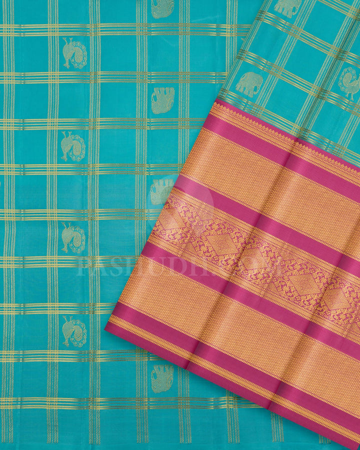 Sky Blue Checked Pattu Paavadai Set With Light Pink Border-PA22