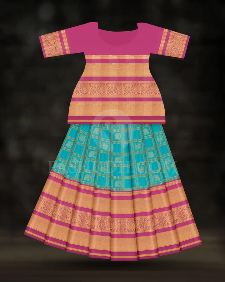 Sky Blue Checked Pattu Paavadai Set With Light Pink Border-PA22