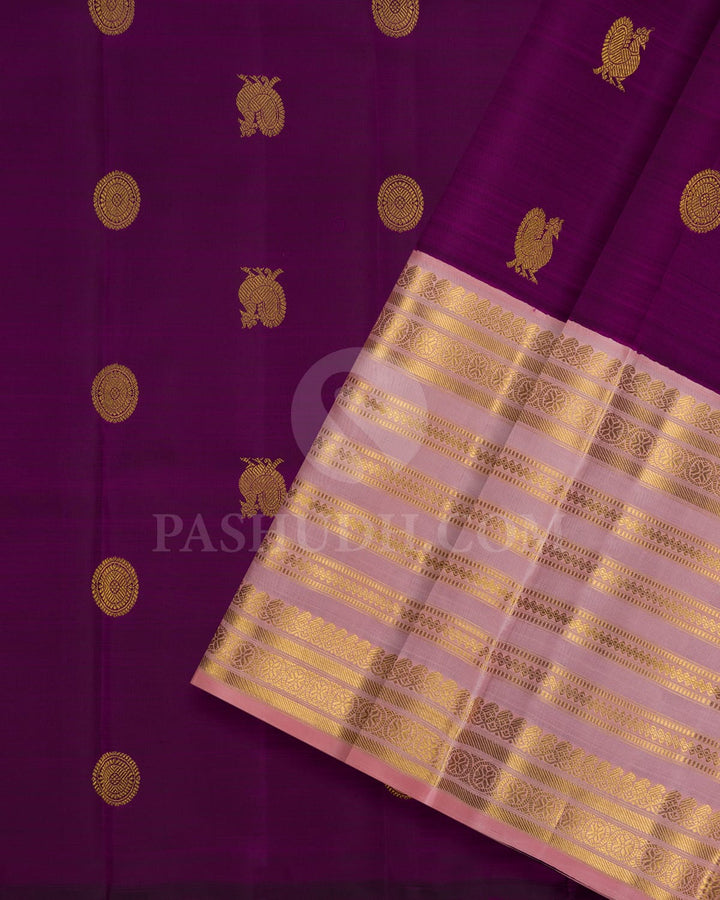 Dual Shaded Purple Pattu Paavadai Set With Peachy Pink Border-PA18
