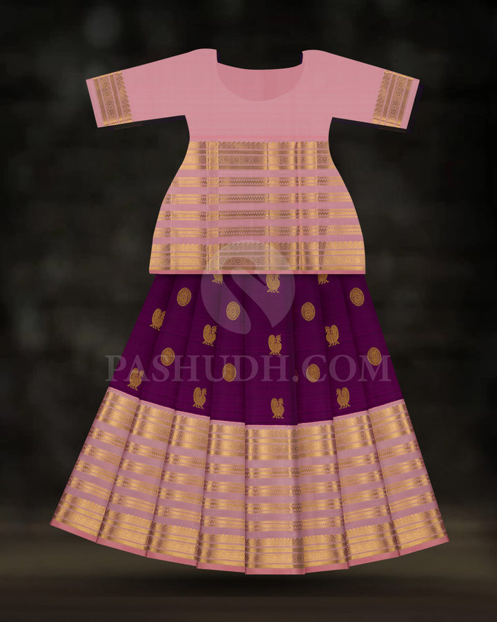 Dual Shaded Purple Pattu Paavadai Set With Peachy Pink Border-PA18