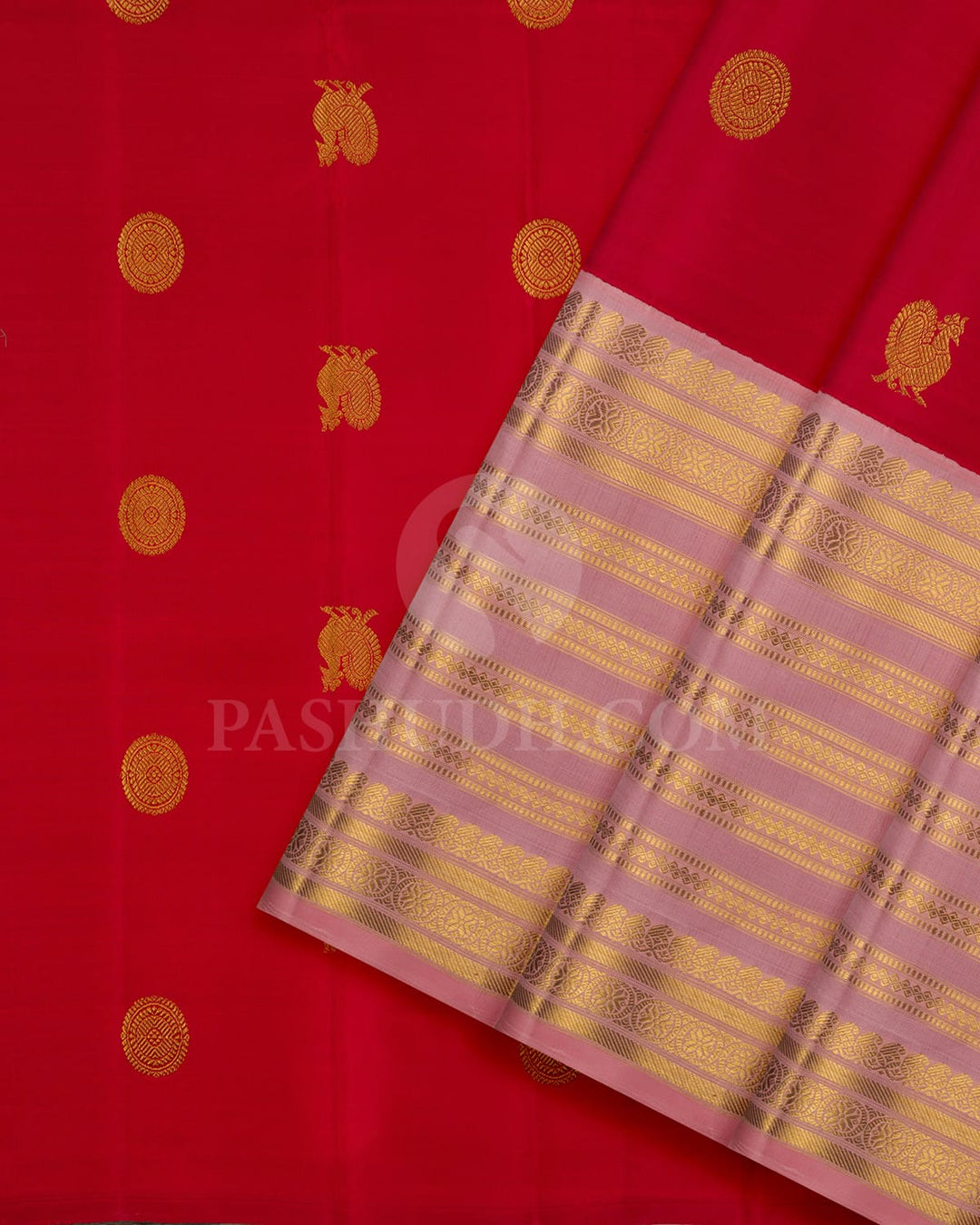 Bold Red Pattu Paavadai Set With Peachy Pink Border-PA19