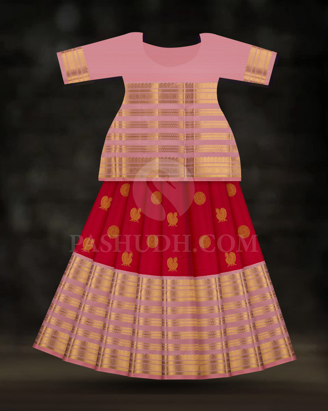 Bold Red Pattu Paavadai Set With Peachy Pink Border-PA19