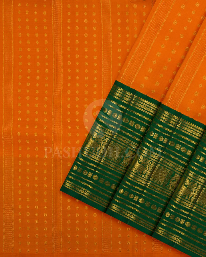 Bright Orange Pattu Paavadai Set With Forest Green Border-PA23