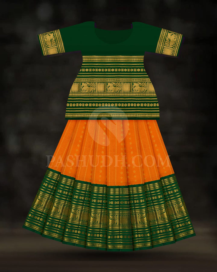 Bright Orange Pattu Paavadai Set With Forest Green Border-PA23