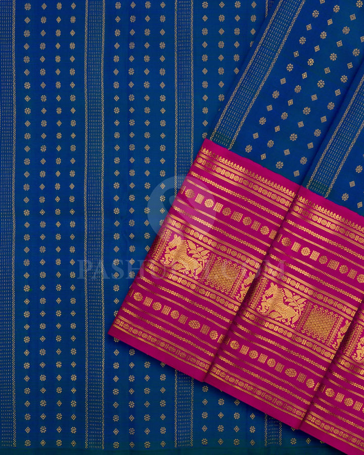 Dual Shaded Peacock Blue Pattu Paavadai Set With Rani Pink Border-PA21
