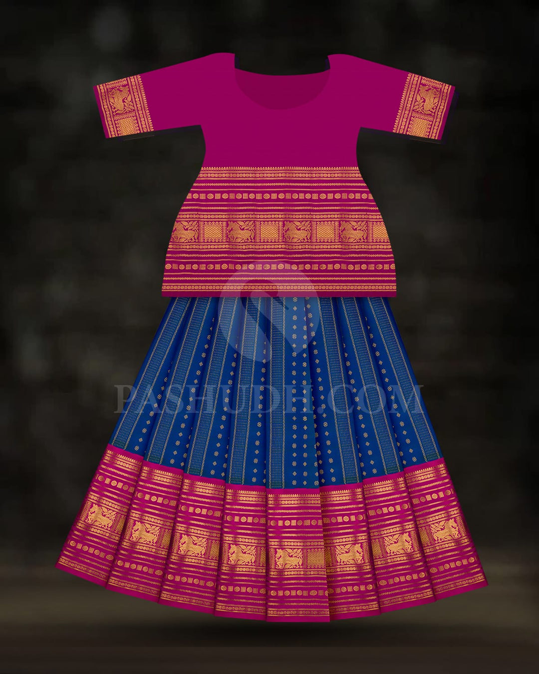 Dual Shaded Peacock Blue Pattu Paavadai Set With Rani Pink Border-PA21
