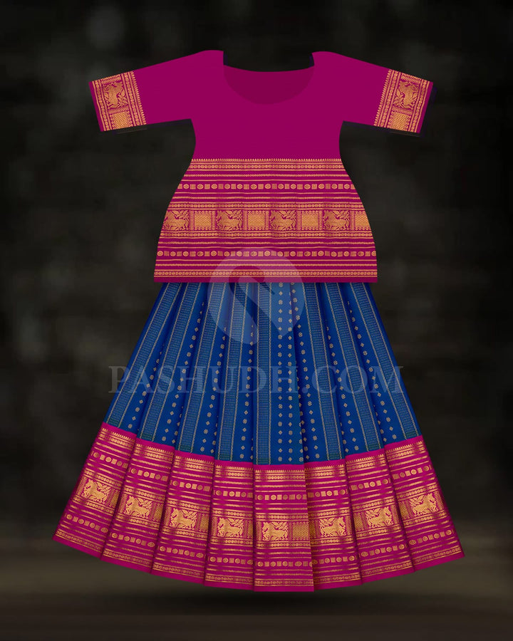 Dual Shaded Peacock Blue Pattu Paavadai Set With Rani Pink Border-PA21