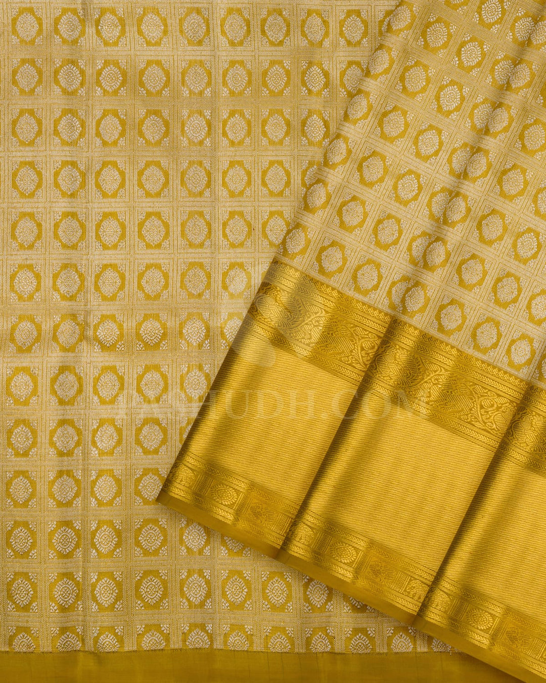 Gold & Silver Tissue Pattu Paavadai Set With Golden Mustard Border-PA20