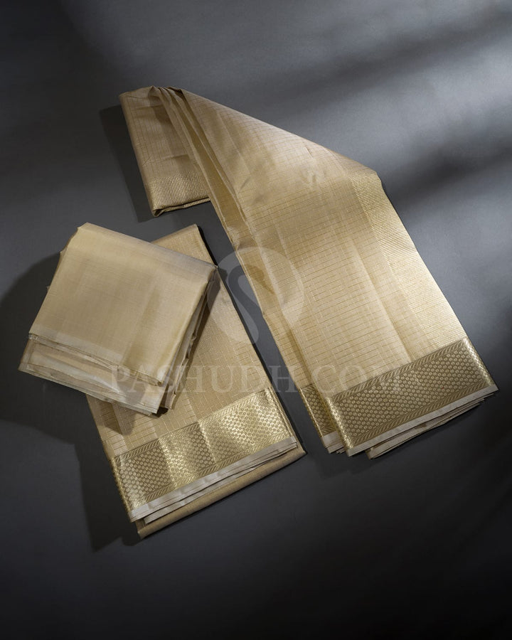Beige Pure Silk Dhothi Angavastram With Shirt-V46