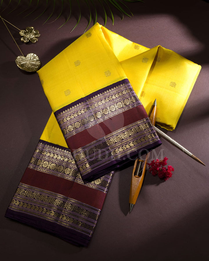 Lemon Yellow With Purple Traditional Kanjivaram Silk Saree-SP419