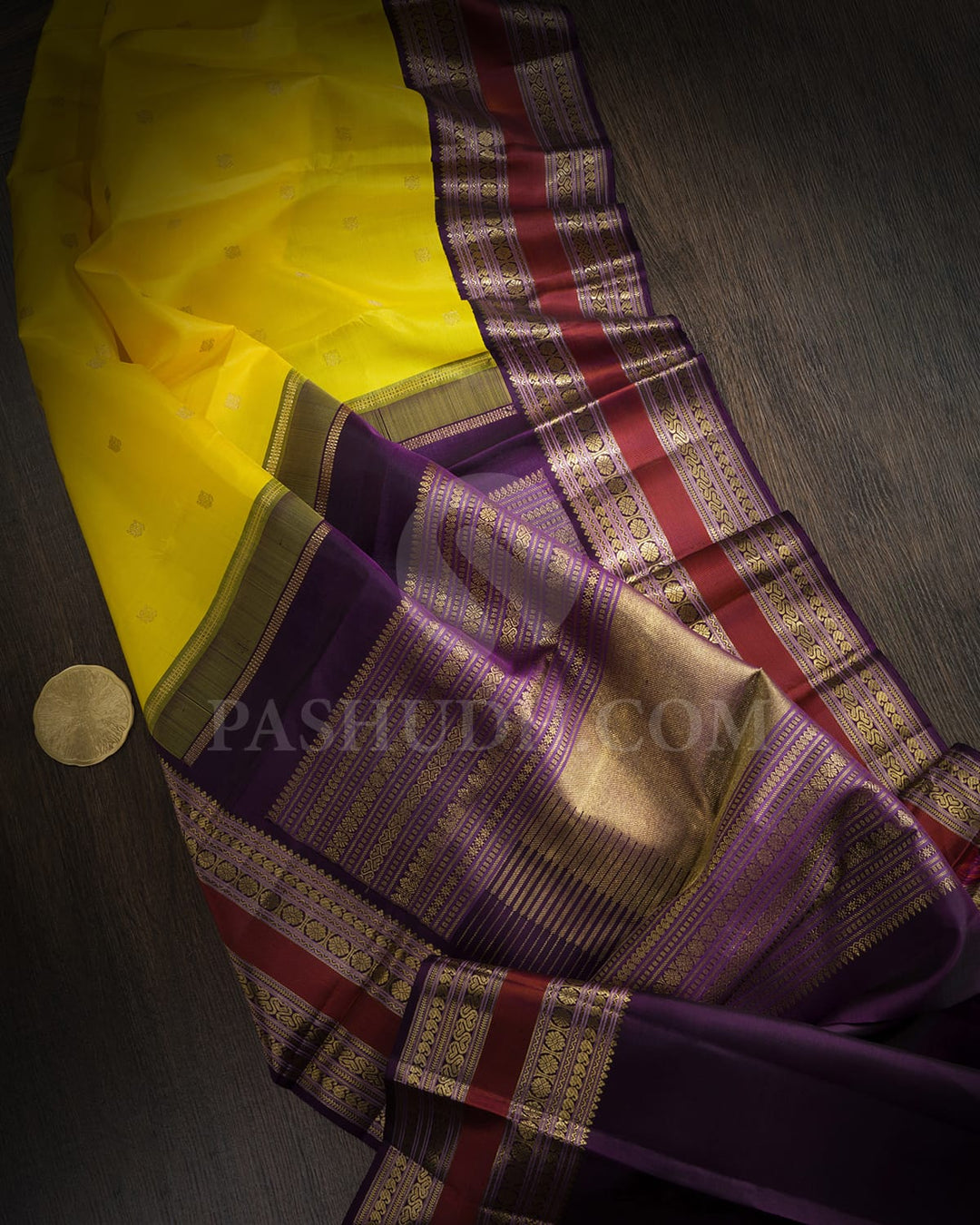 Lemon Yellow With Purple Traditional Kanjivaram Silk Saree-SP419